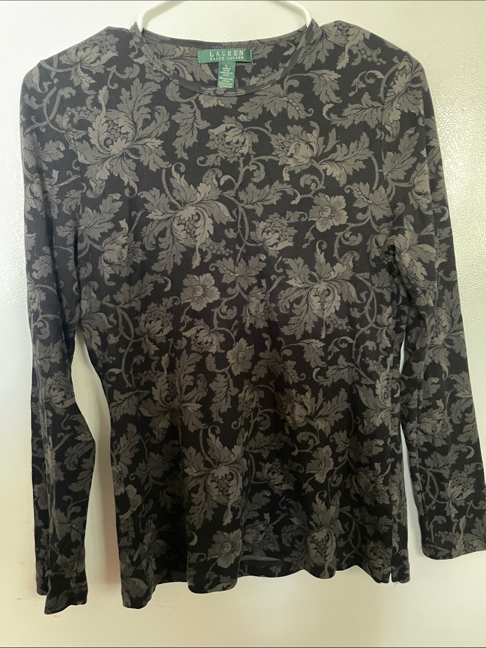 Lauren Ralph Lauren Large 100% Cotton Black Long Sleeve Gray Floral Decoration